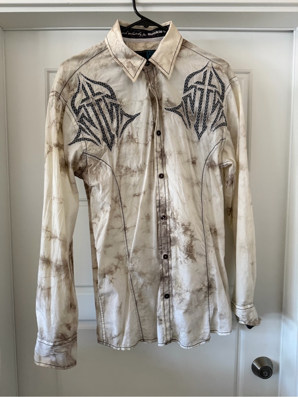 Roar Men's Tie-Dye Western Button-Up Shirt in Cream and Brown